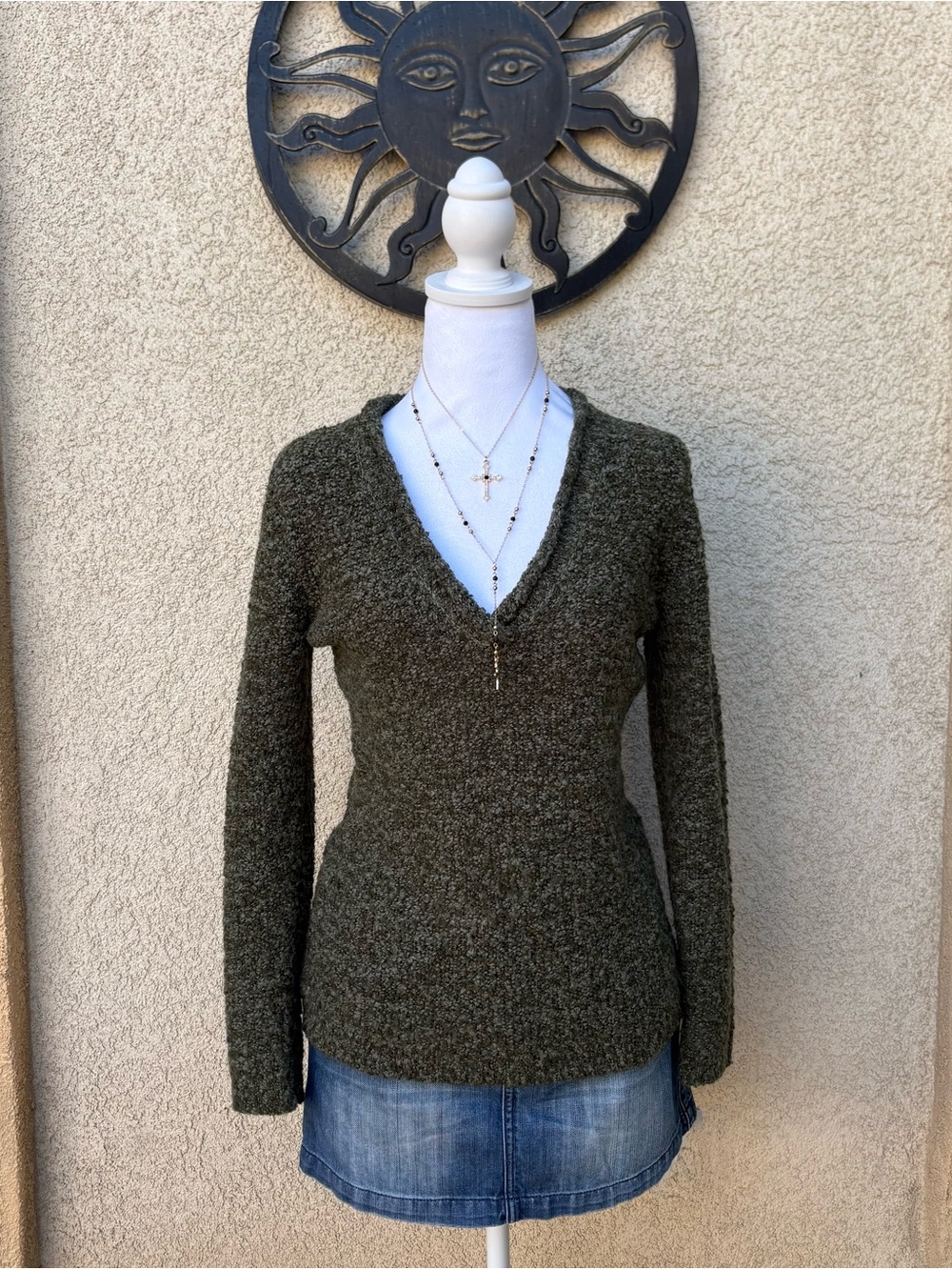 Alliance Olive Green Boucle Knitted V Neck Sweater Cozy Fall